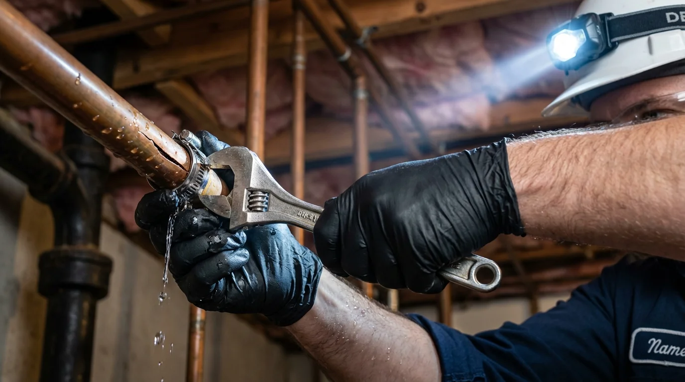 Emergency pipe clamp repair being performed by a Johns Plumbing LLC plumber in Sanderson