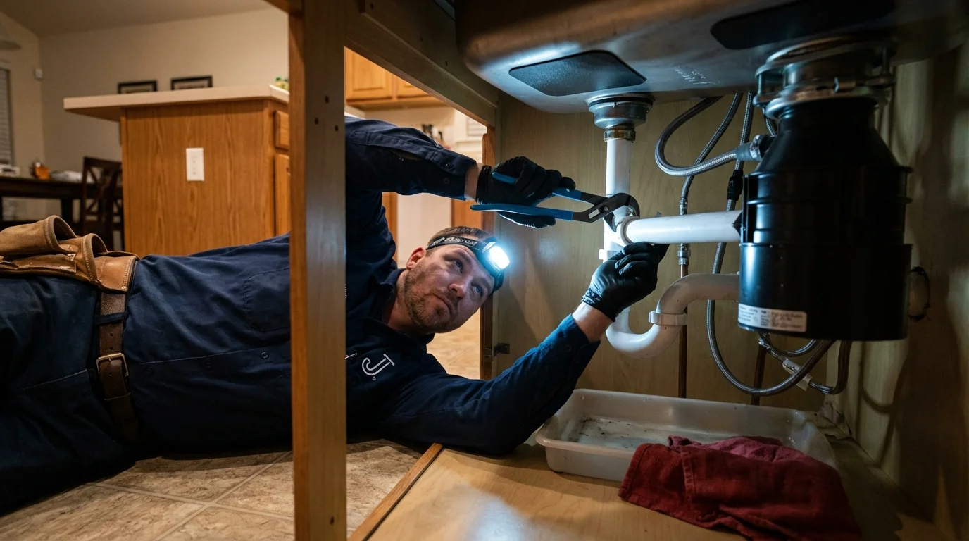 P-trap and supply line connections under a kitchen sink showing a common leak point in Sanderson, TX